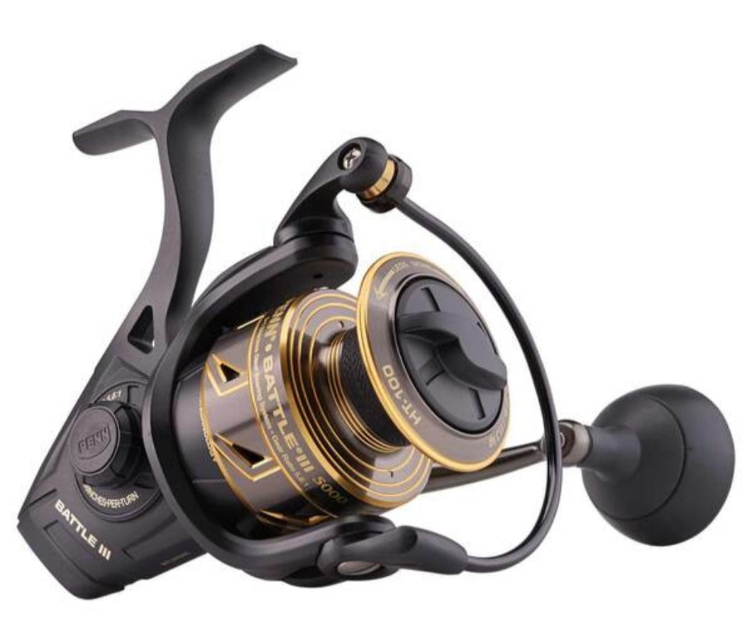 The Penn Battle lll 5000 Spinning reel is a great reel for beginner and pro anglers. Featuring 6 stainless steel ball bearings a smooth drag system. Comes with a power knob that is great for fighting pelagics. Great for red fish, snook, tarpon, king fish, trout, tuna, cobia, spainish mackerel, permit, bone fish, grouper, snapper and more. Great for casting lures and live baits. Perfect inshore, nearshore, and offshore reel.
