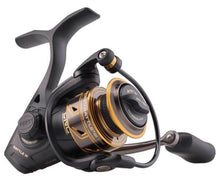 Load image into Gallery viewer, The 1000 Battle lll Spinning Reel is a great reel for bait fishing, freshwater fishing for bass and more. Great for fishing inshore flats, bridges, piers, docks, skiffs, and more.  Line capacity yds/ lbs Maximum Test - Mono	275/2  135 /4 105 /6 Maximum Test - Braided	160/6 130/8 110/10 Front style drag. Max drag of 9 lbs or 4 kg This is the best in class saltwater spinning reel. 

