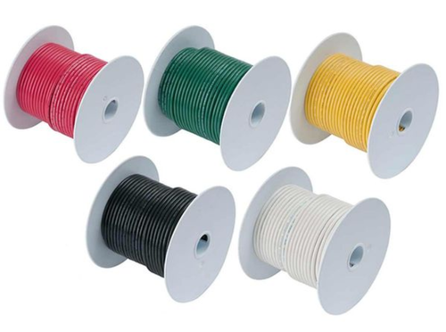 ANCOR 8 AWG Primary Wire, 100' Spools available in Pink, black, white, yellow, and green.  with premium vinyl insulation that is rated at 600 volts, 221°F (105°C) dry and 167°F (75°C) wet. It is also Marine UL-listed, and meets the highest ABYC standards for AC and DC use. 8 Gauge ISO Approved UL 1426 USCG Charterboat (CFR Title 46) ABYC Primary wire comes with fast free 1-3 day shipping