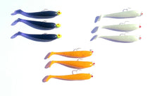 Load image into Gallery viewer, Anthony&#39;s Ocean Were On Series 4 in Pre rigged Jig Head Variety Pack 9 Total 3 White, 3 Orange, and 3 Purple Scented 4 in Paddle tail Lures with Jig Head 1/8 or 1/4 oz
